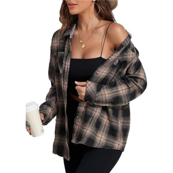 Plaid Flannel Shirts for Women Loose Fit Boyfriend Button Down Shirt - Picture 1 of 7